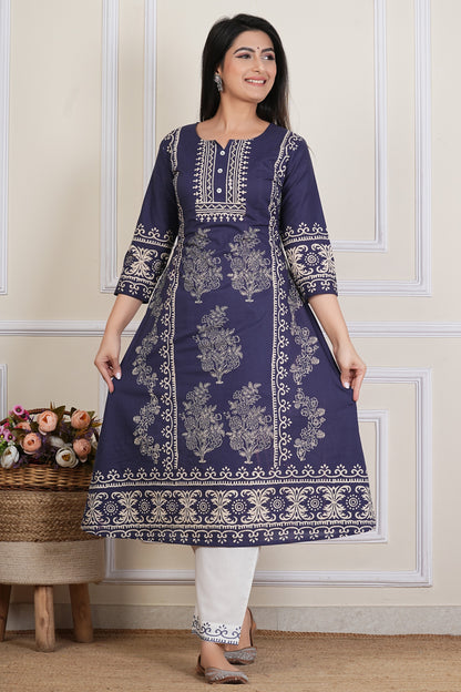 Tavajju | Navy Blue Cotton Kurta Set with Printed Dupatta & Coordinated Pants