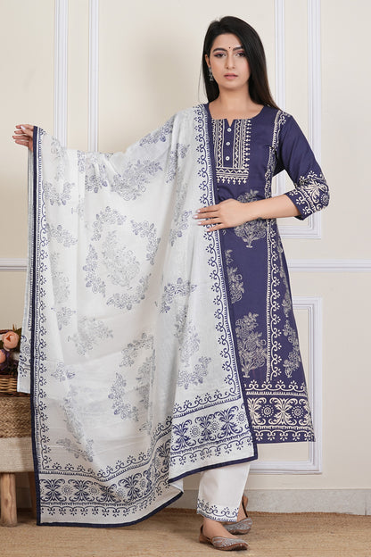 Tavajju | Navy Blue Cotton Kurta Set with Printed Dupatta & Coordinated Pants