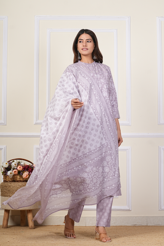 Lavender Floral Printed Cotton Kurta Set with Chiffon Dupatta