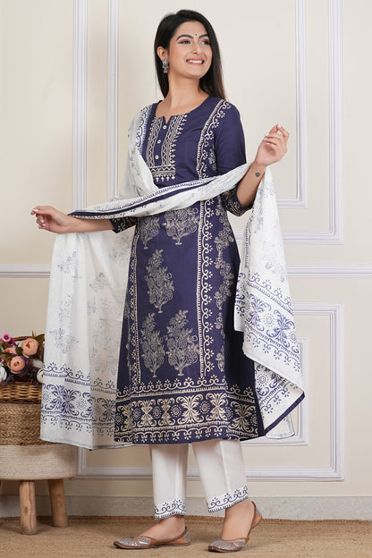 Tavajju | Navy Blue Cotton Kurta Set with Printed Dupatta & Coordinated Pants