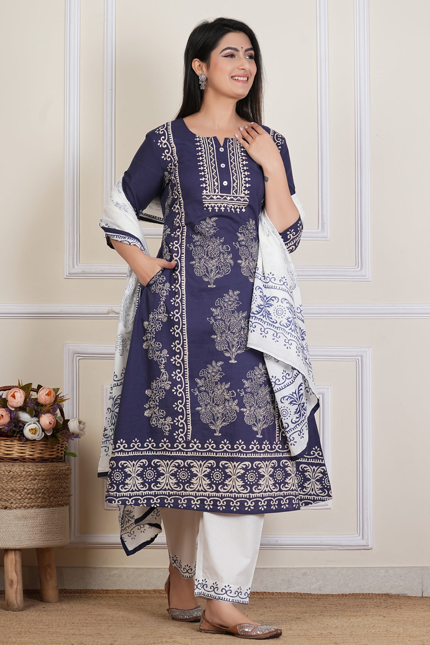 Tavajju | Navy Blue Cotton Kurta Set with Printed Dupatta & Coordinated Pants