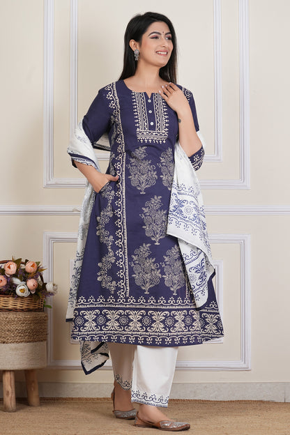 Tavajju | Navy Blue Cotton Kurta Set with Printed Dupatta & Coordinated Pants
