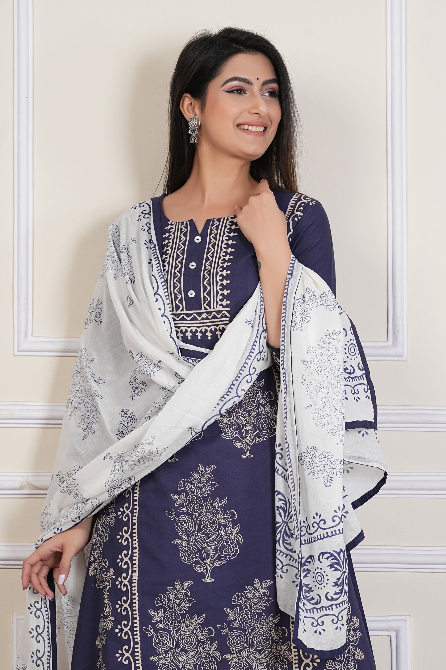 Tavajju | Navy Blue Cotton Kurta Set with Printed Dupatta & Coordinated Pants