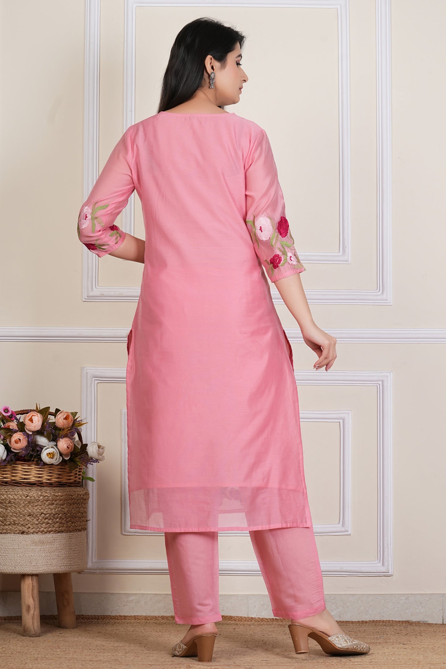 Tavajju | Blush Pink Chanderi Kurta Set with Floral Embroidery & Solid Dupatta