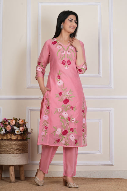 Tavajju | Blush Pink Chanderi Kurta Set with Floral Embroidery & Solid Dupatta