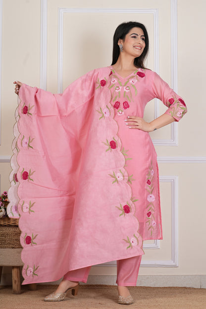 Tavajju | Blush Pink Chanderi Kurta Set with Floral Embroidery & Solid Dupatta