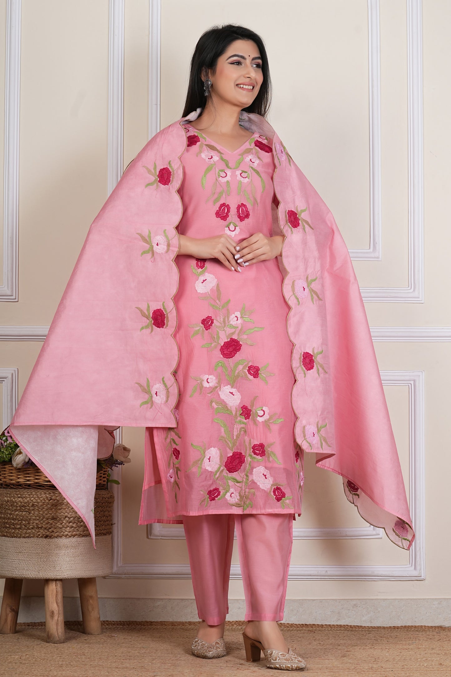 Tavajju | Blush Pink Chanderi Kurta Set with Floral Embroidery & Solid Dupatta