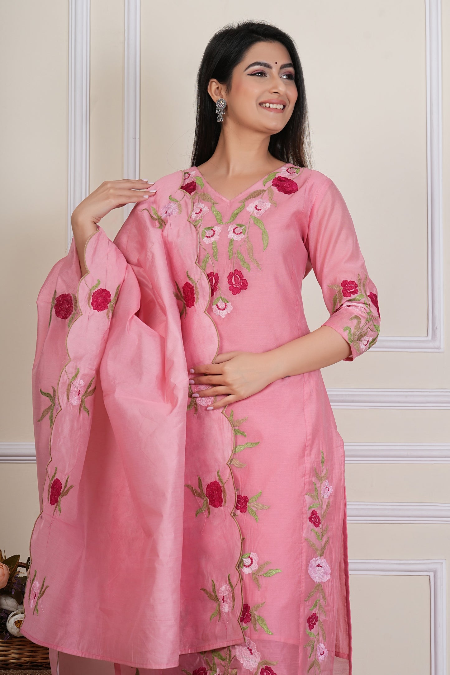 Tavajju | Blush Pink Chanderi Kurta Set with Floral Embroidery & Solid Dupatta