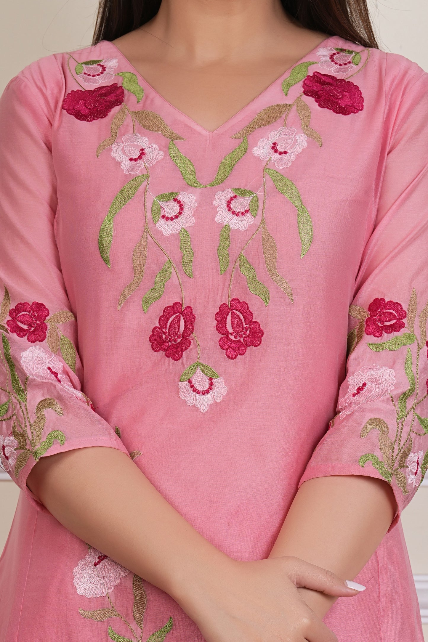 Tavajju | Blush Pink Chanderi Kurta Set with Floral Embroidery & Solid Dupatta
