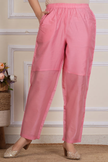 Tavajju | Blush Pink Chanderi Kurta Set with Floral Embroidery & Solid Dupatta
