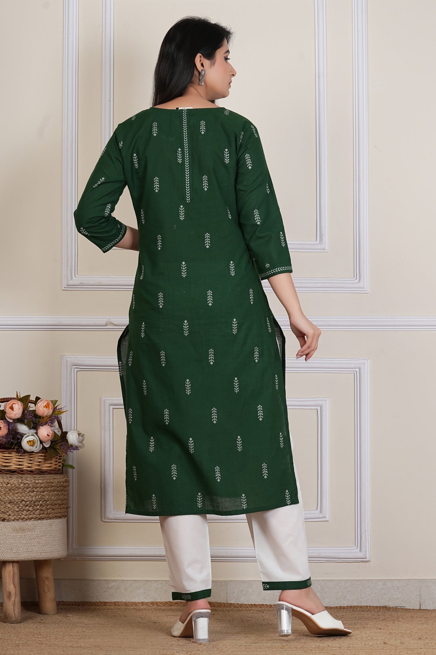 Tavajju | Emerald Green Printed Cotton Kurta Set with White Straight Pants