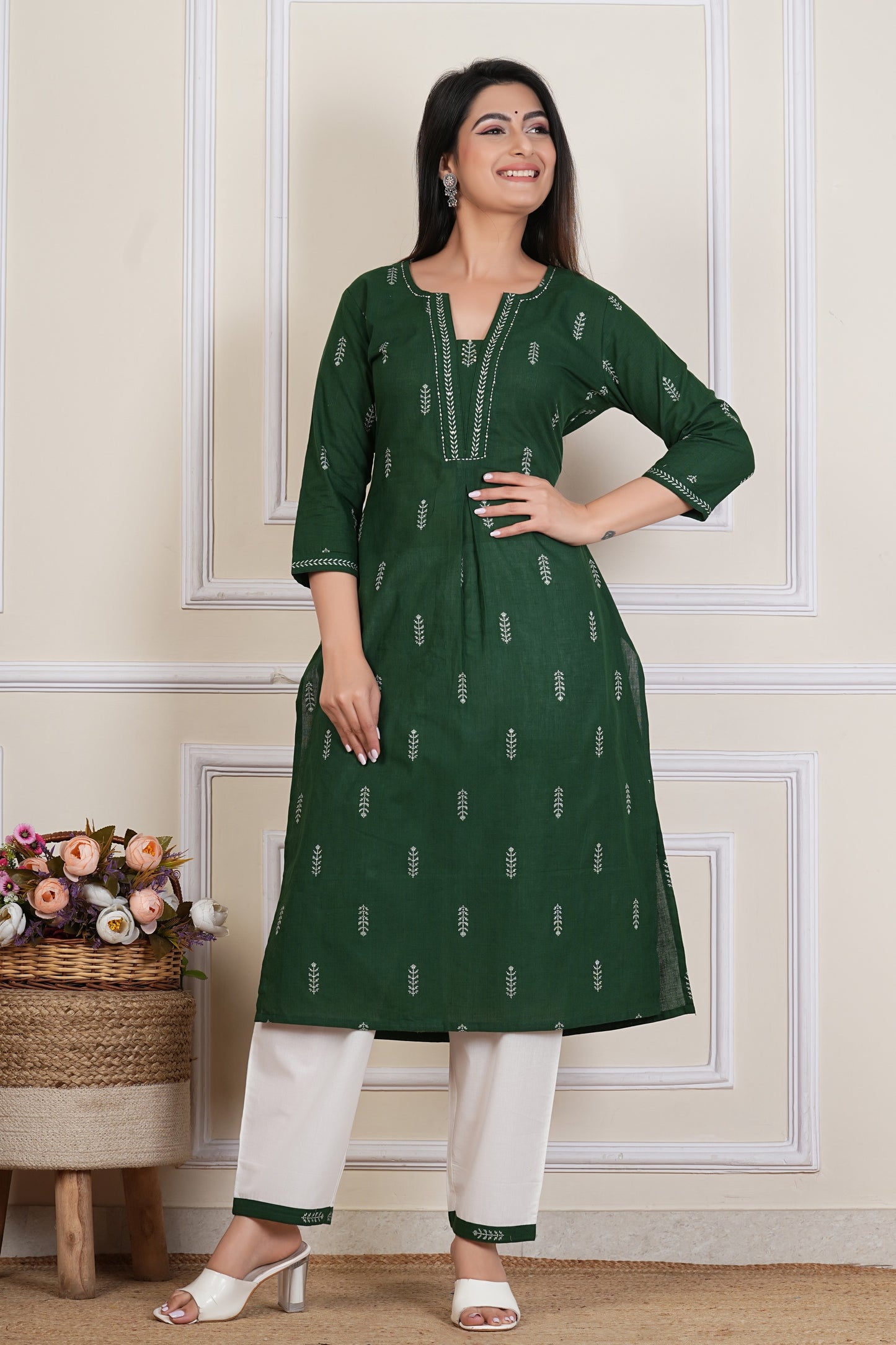 Tavajju | Emerald Green Printed Cotton Kurta Set with White Straight Pants