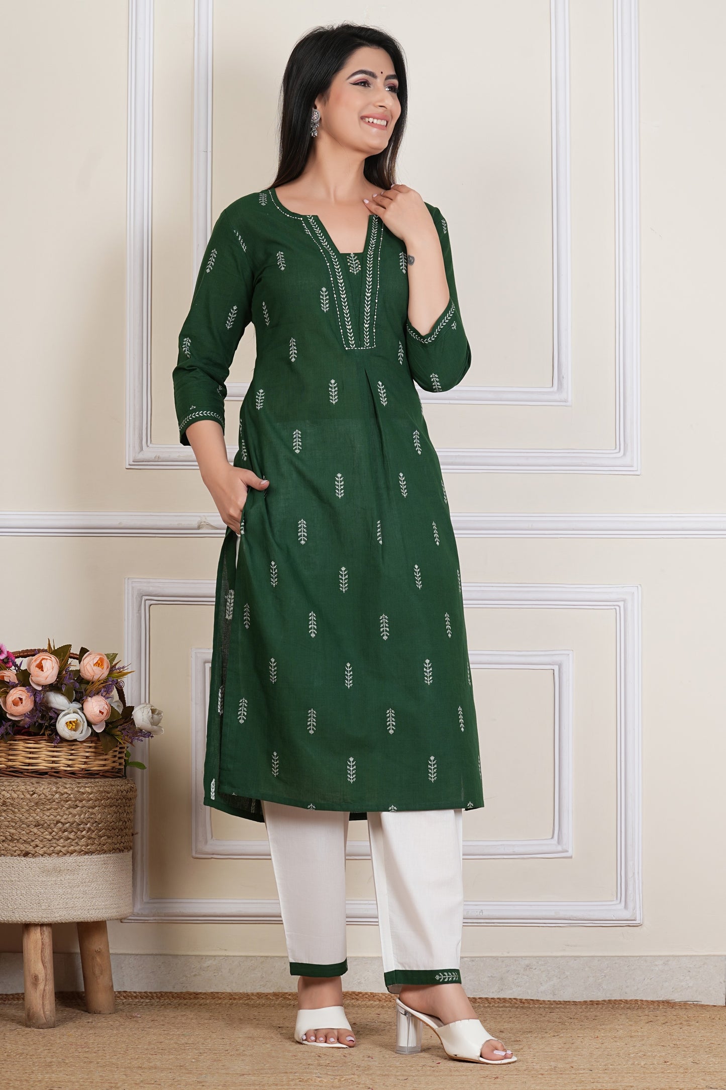 Tavajju | Emerald Green Printed Cotton Kurta Set with White Straight Pants
