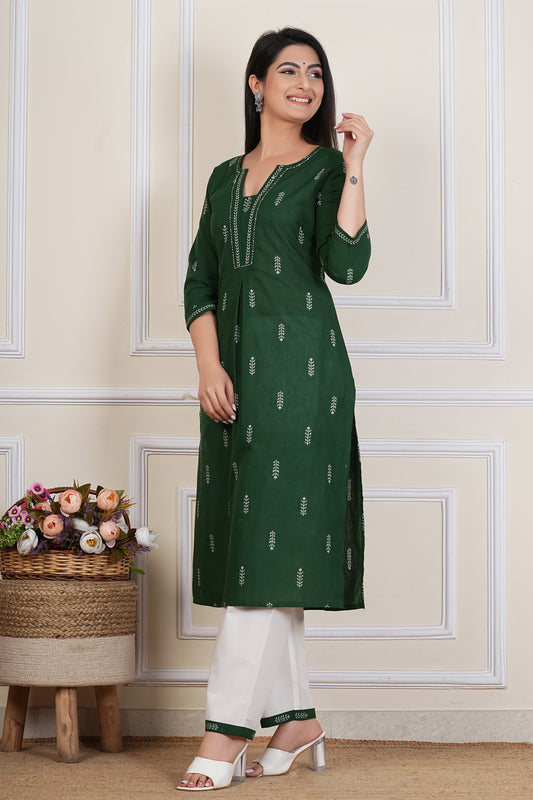 Tavajju | Emerald Green Printed Cotton Kurta Set with White Straight Pants