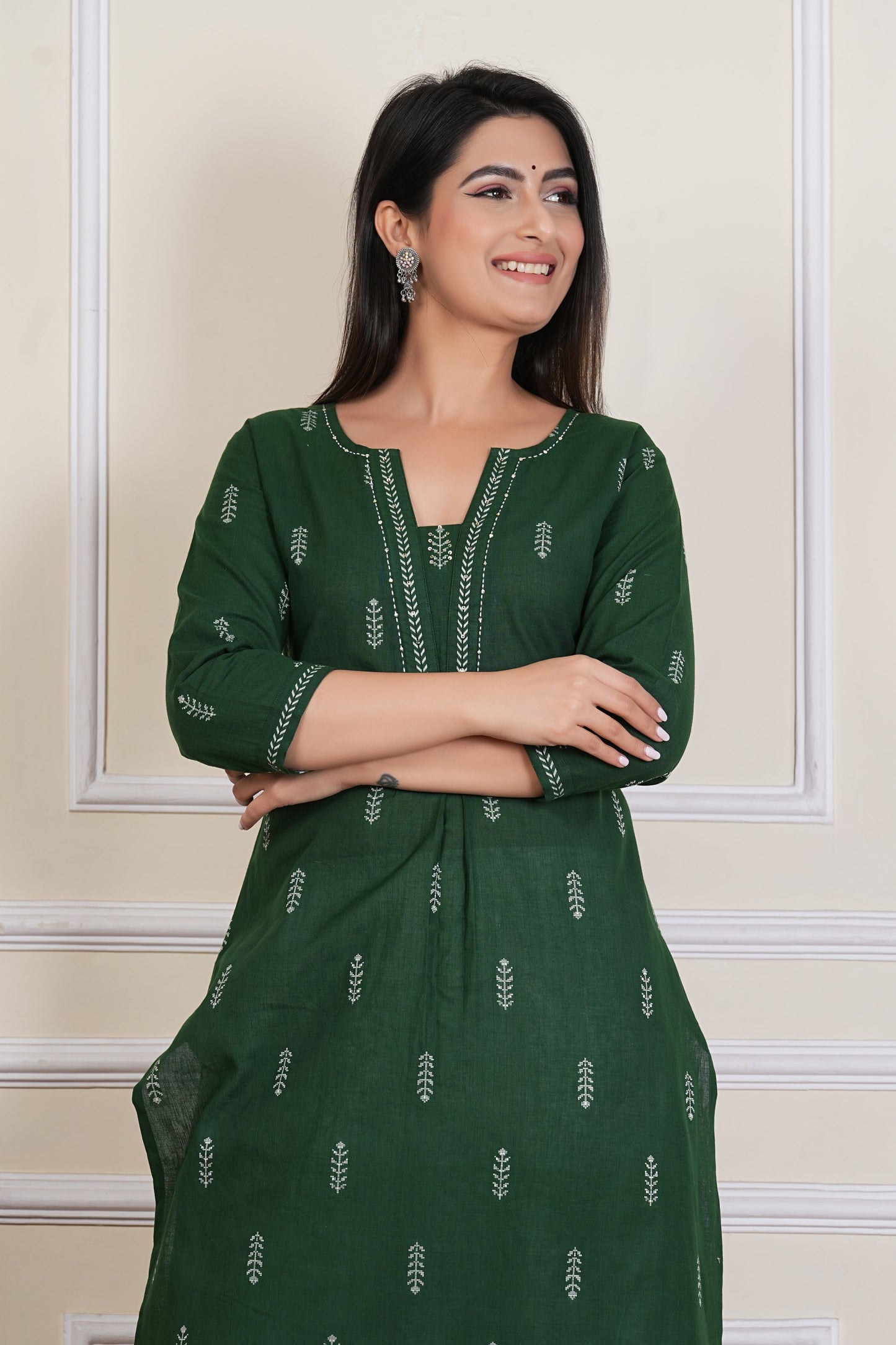Tavajju | Emerald Green Printed Cotton Kurta Set with White Straight Pants