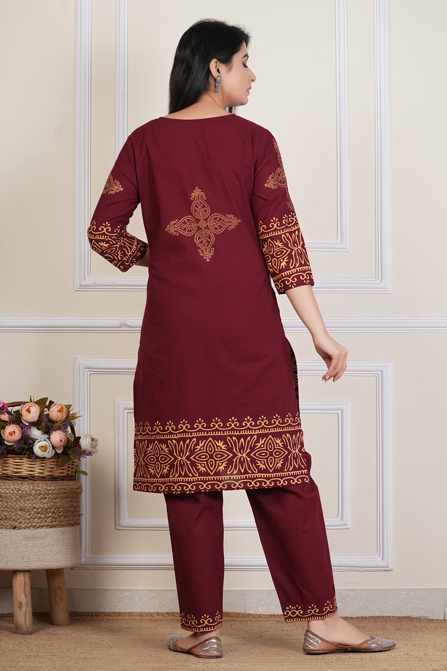 Tavajju | Maroon Printed Cotton Kurta Set with Ethnic Motifs & Straight Pants