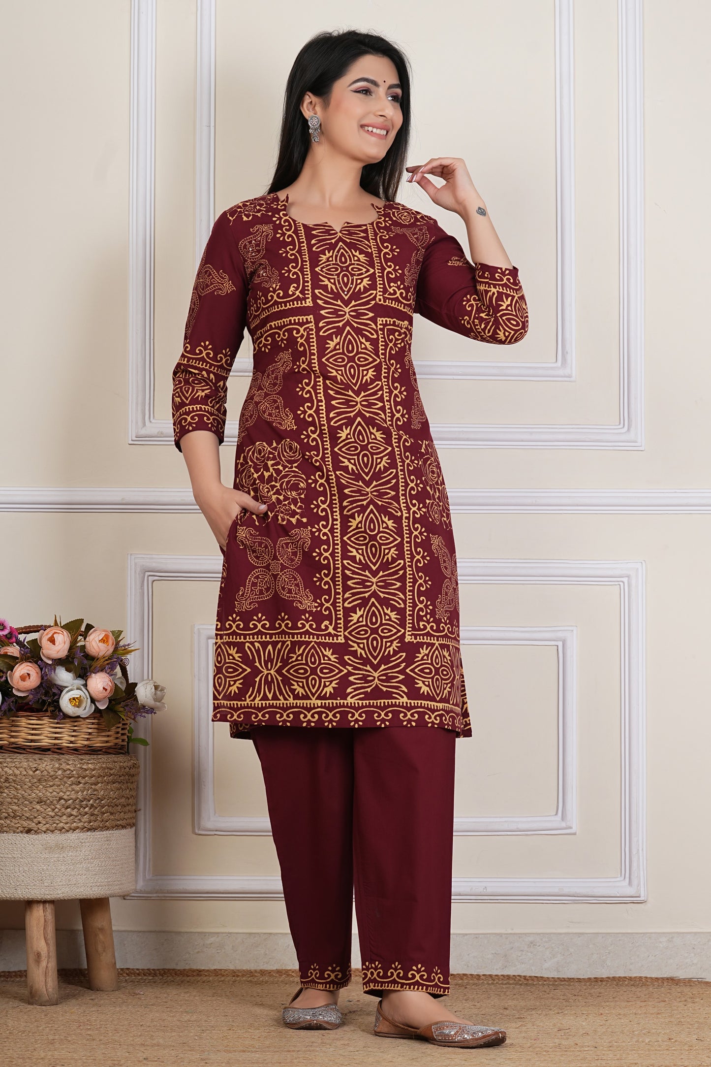Tavajju | Maroon Printed Cotton Kurta Set with Ethnic Motifs & Straight Pants