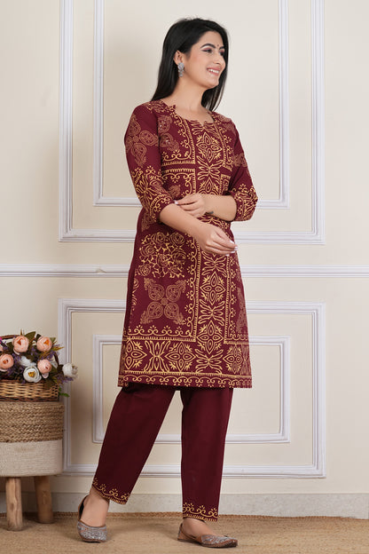 Tavajju | Maroon Printed Cotton Kurta Set with Ethnic Motifs & Straight Pants