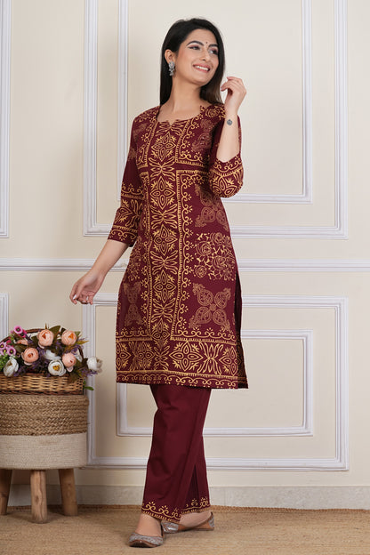 Tavajju | Maroon Printed Cotton Kurta Set with Ethnic Motifs & Straight Pants