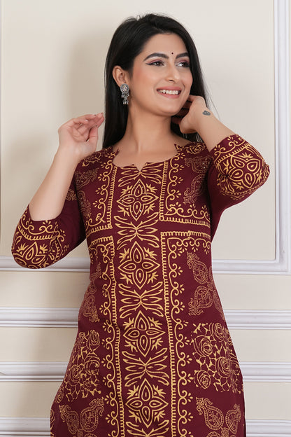 Tavajju | Maroon Printed Cotton Kurta Set with Ethnic Motifs & Straight Pants
