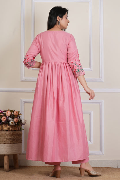 Tavajju | Blush Pink Embroidered Flared Kurta Set with Straight Pants
