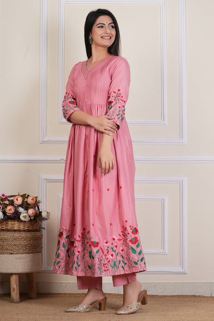Tavajju | Blush Pink Embroidered Flared Kurta Set with Straight Pants