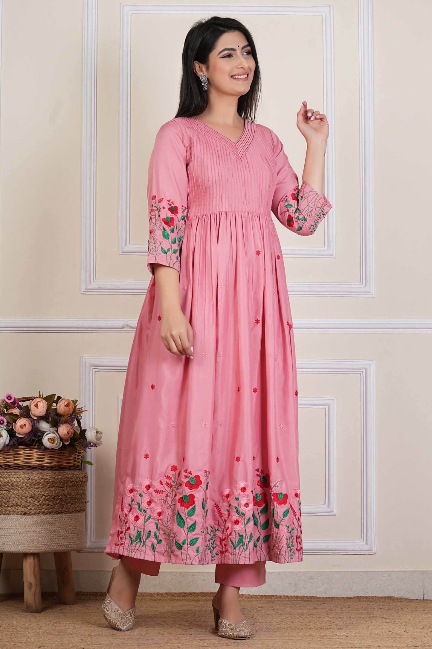 Tavajju | Blush Pink Embroidered Flared Kurta Set with Straight Pants