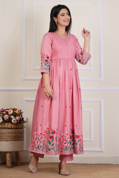 Tavajju | Blush Pink Embroidered Flared Kurta Set with Straight Pants