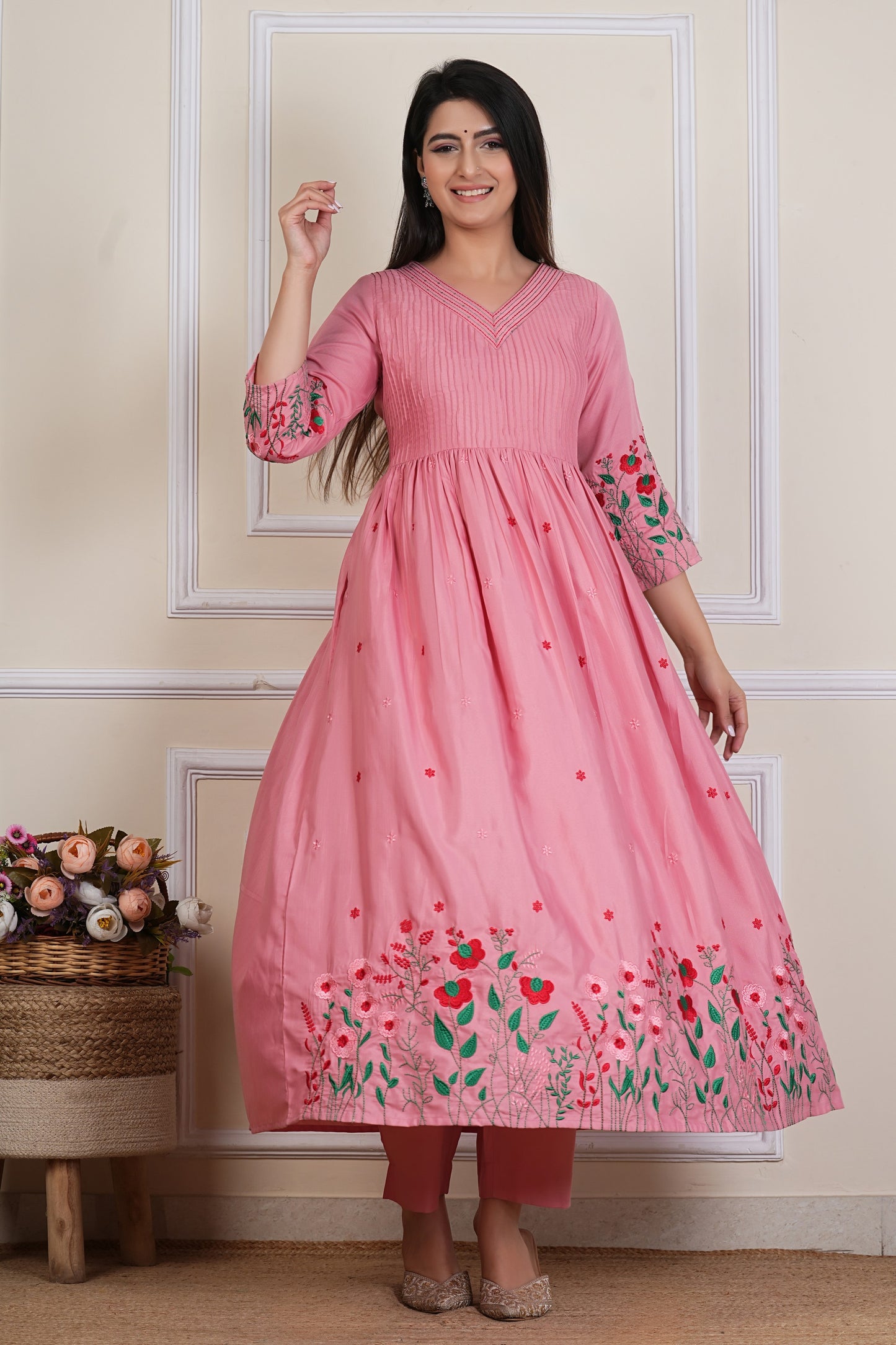 Tavajju | Blush Pink Embroidered Flared Kurta Set with Straight Pants