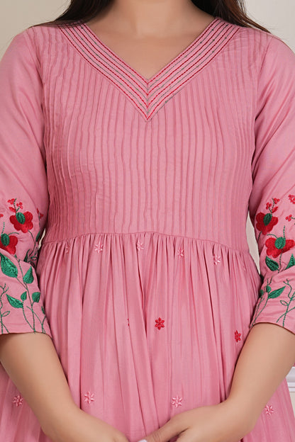 Tavajju | Blush Pink Embroidered Flared Kurta Set with Straight Pants