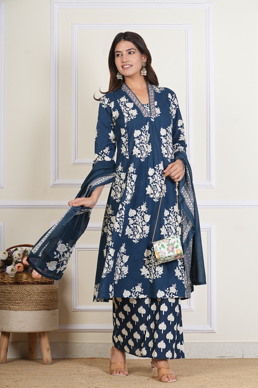 Navy Blue Floral Printed Cotton Kurta Set with Dupatta