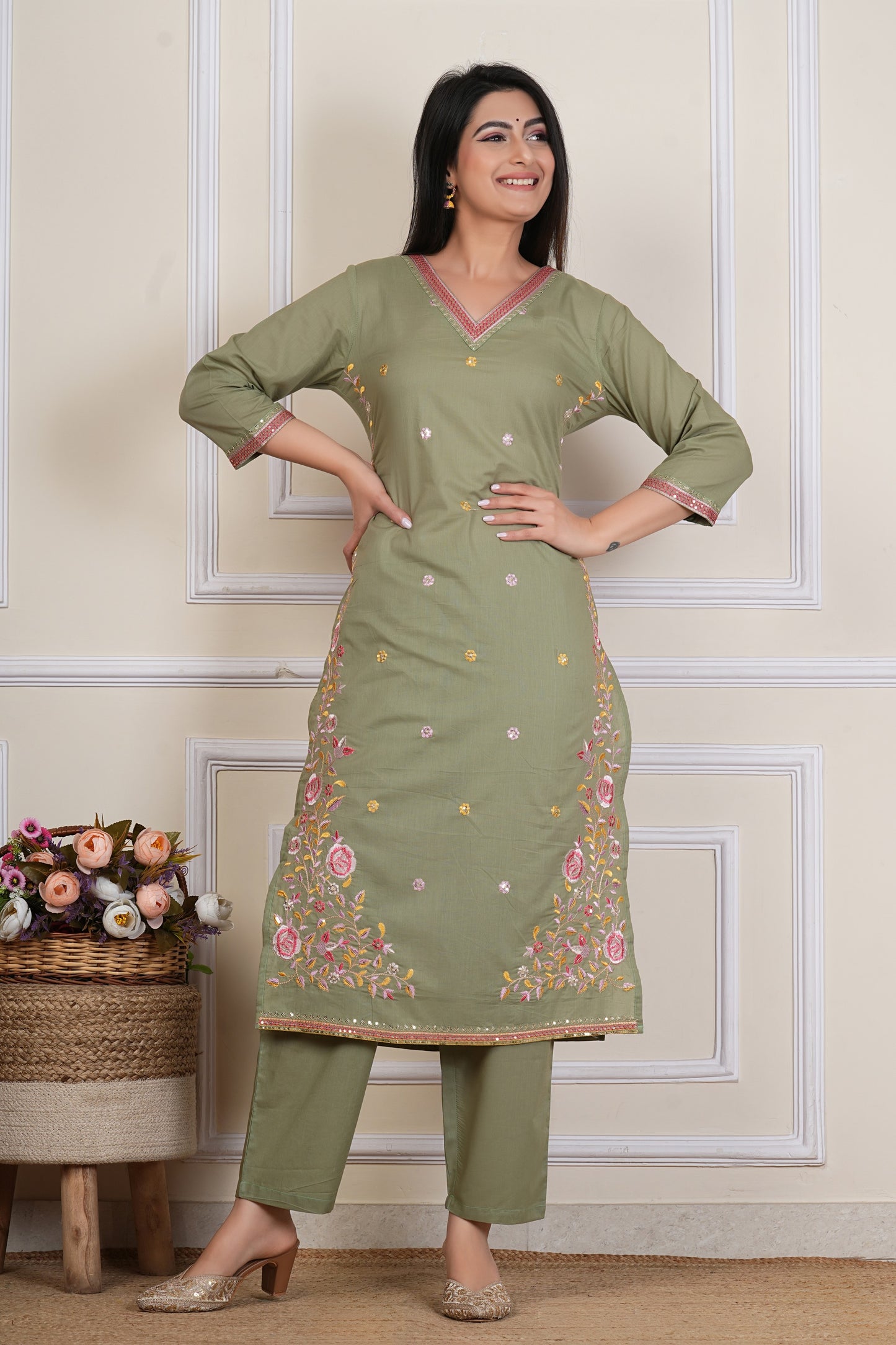 Tavajju | Olive Green Embroidered Straight Kurta Set with Pants