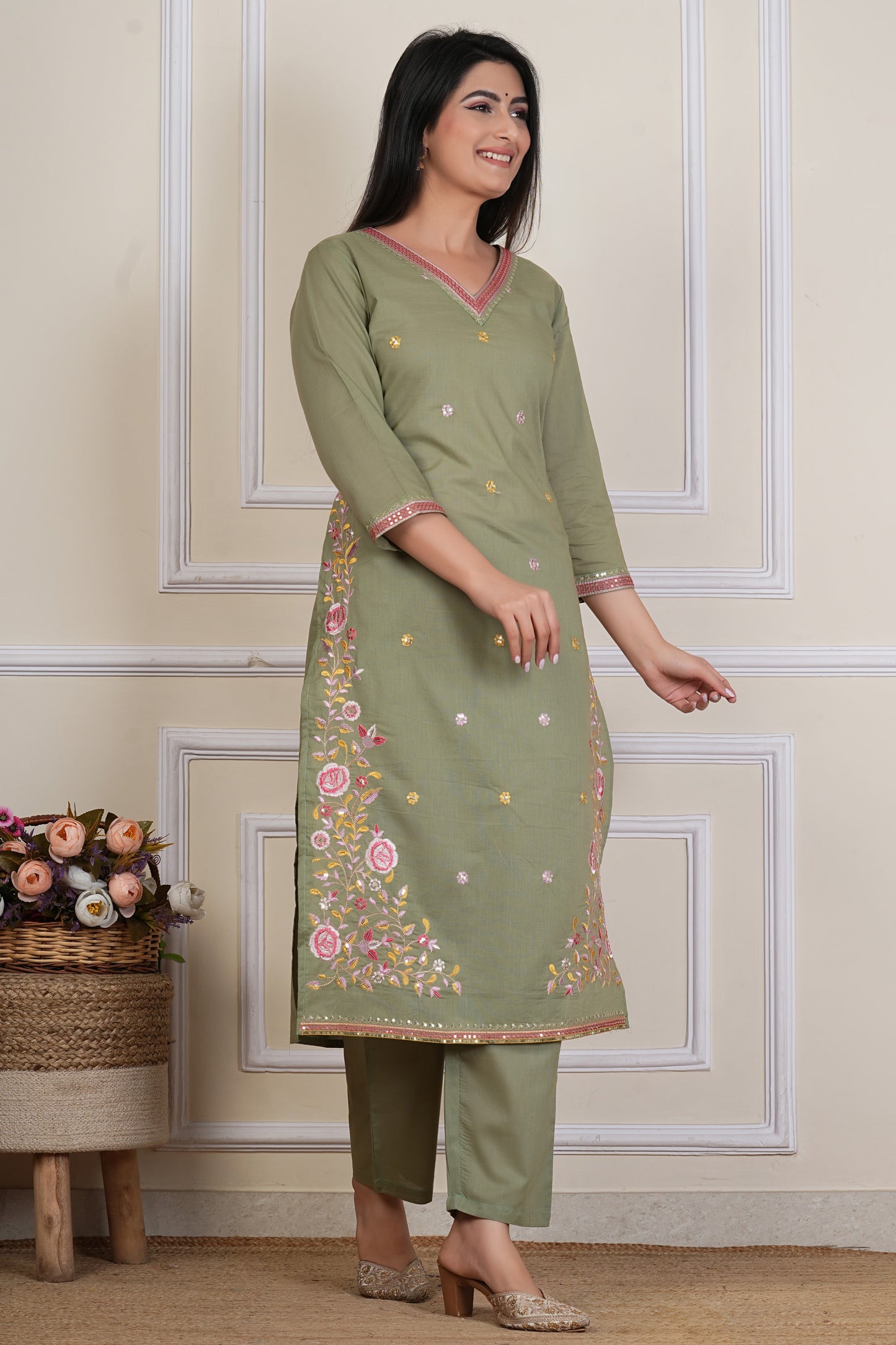 Tavajju | Olive Green Embroidered Straight Kurta Set with Pants