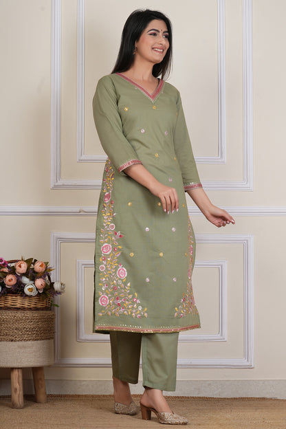 Tavajju | Olive Green Embroidered Straight Kurta Set with Pants