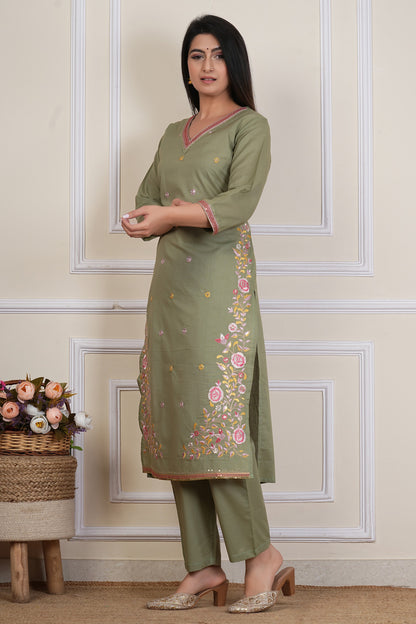 Tavajju | Olive Green Embroidered Straight Kurta Set with Pants