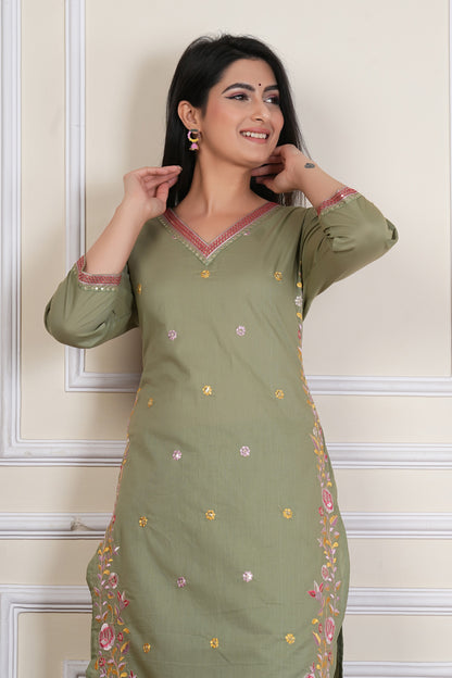 Tavajju | Olive Green Embroidered Straight Kurta Set with Pants