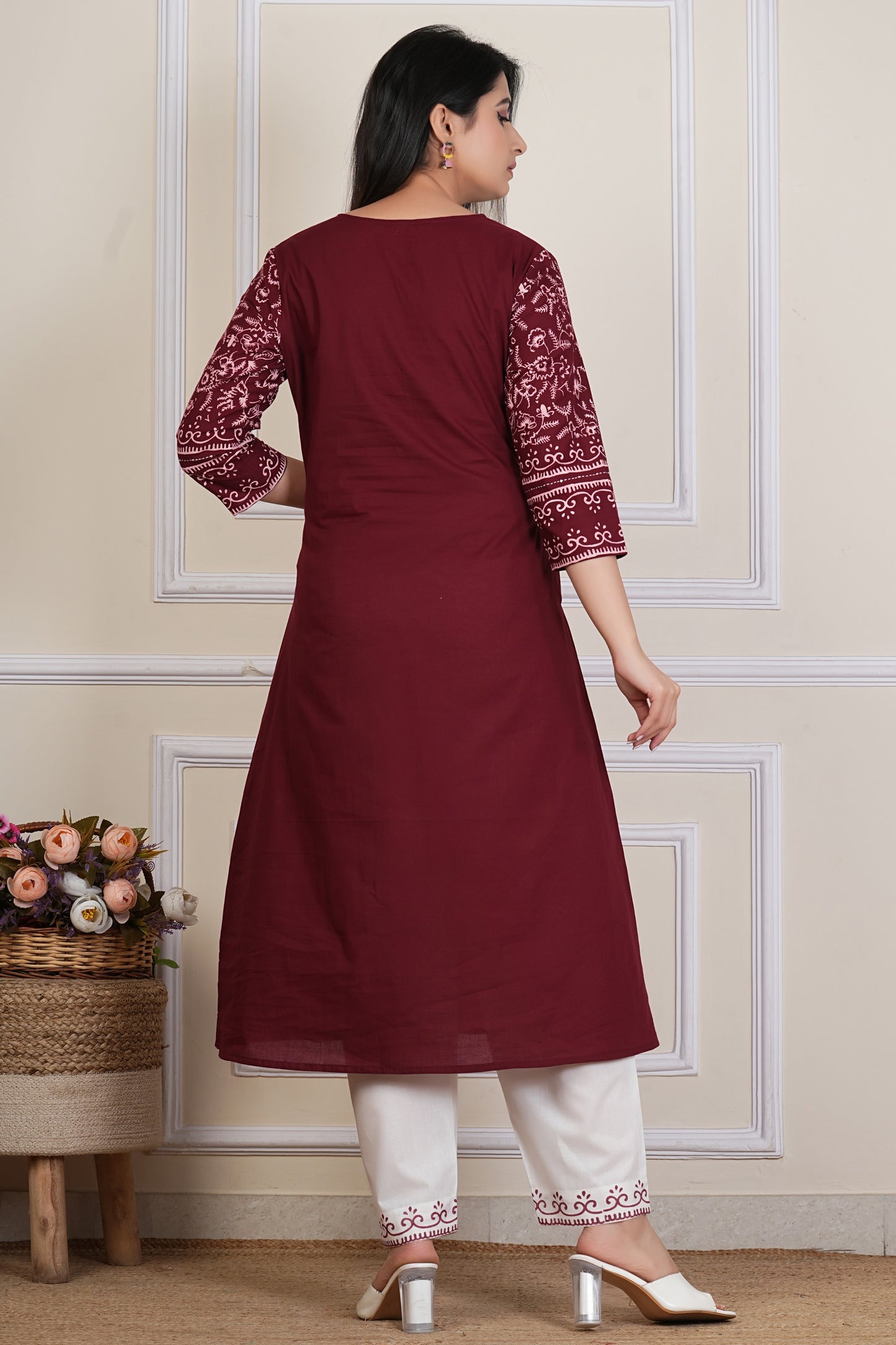 Tavajju | Maroon Printed Straight Kurta with Contrast White Pants