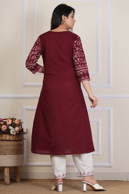 Tavajju | Maroon Printed Straight Kurta with Contrast White Pants