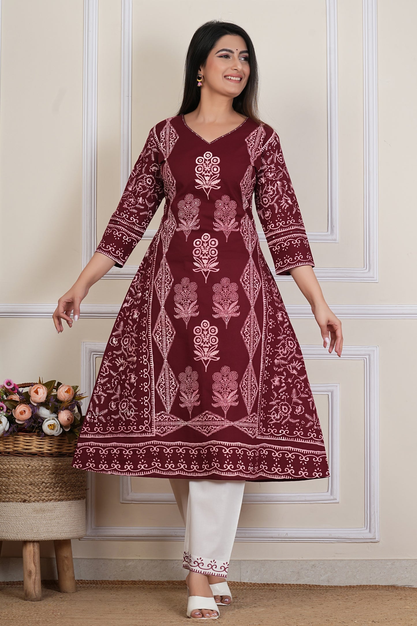 Tavajju | Maroon Printed Straight Kurta with Contrast White Pants