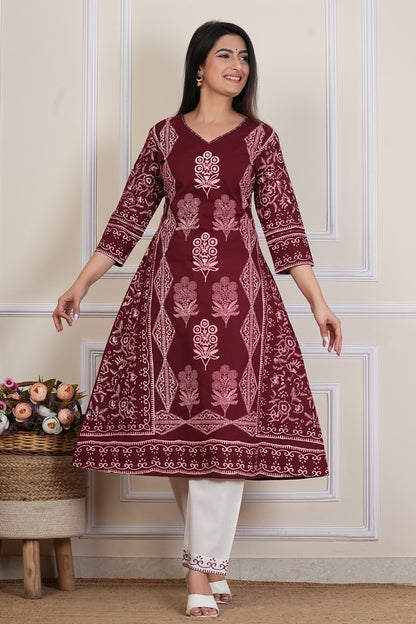 Tavajju | Maroon Printed Straight Kurta with Contrast White Pants