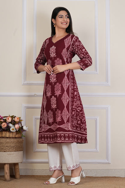 Tavajju | Maroon Printed Straight Kurta with Contrast White Pants