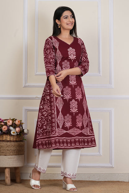 Tavajju | Maroon Printed Straight Kurta with Contrast White Pants