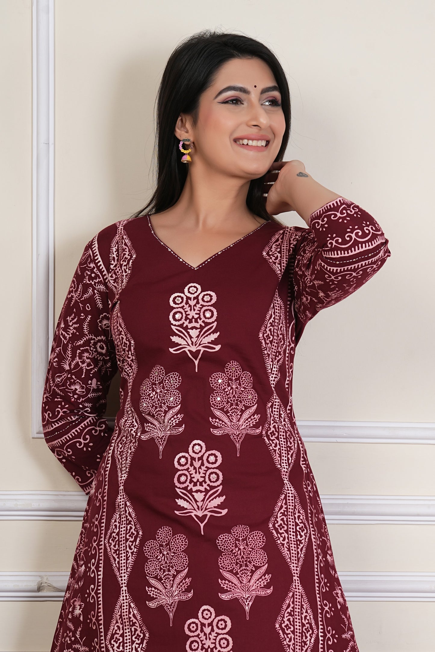 Tavajju | Maroon Printed Straight Kurta with Contrast White Pants