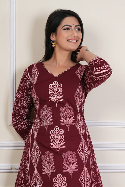 Tavajju | Maroon Printed Straight Kurta with Contrast White Pants