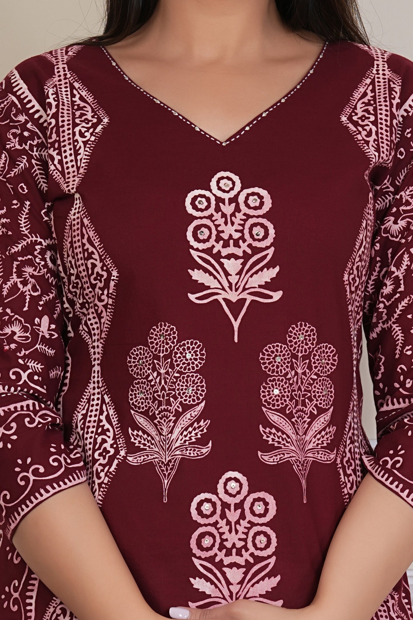 Tavajju | Maroon Printed Straight Kurta with Contrast White Pants