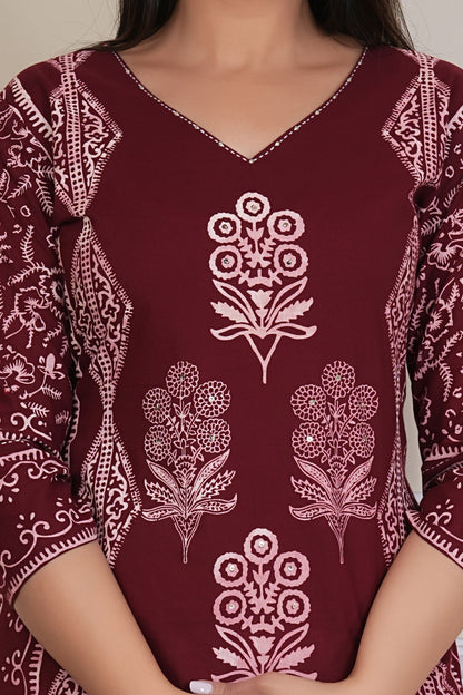Tavajju | Maroon Printed Straight Kurta with Contrast White Pants