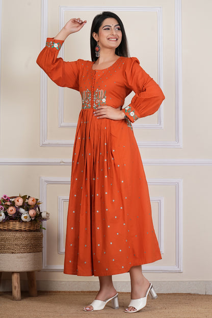 Tavajju | Rust Orange Embroidere Anarkali Kurta for Women