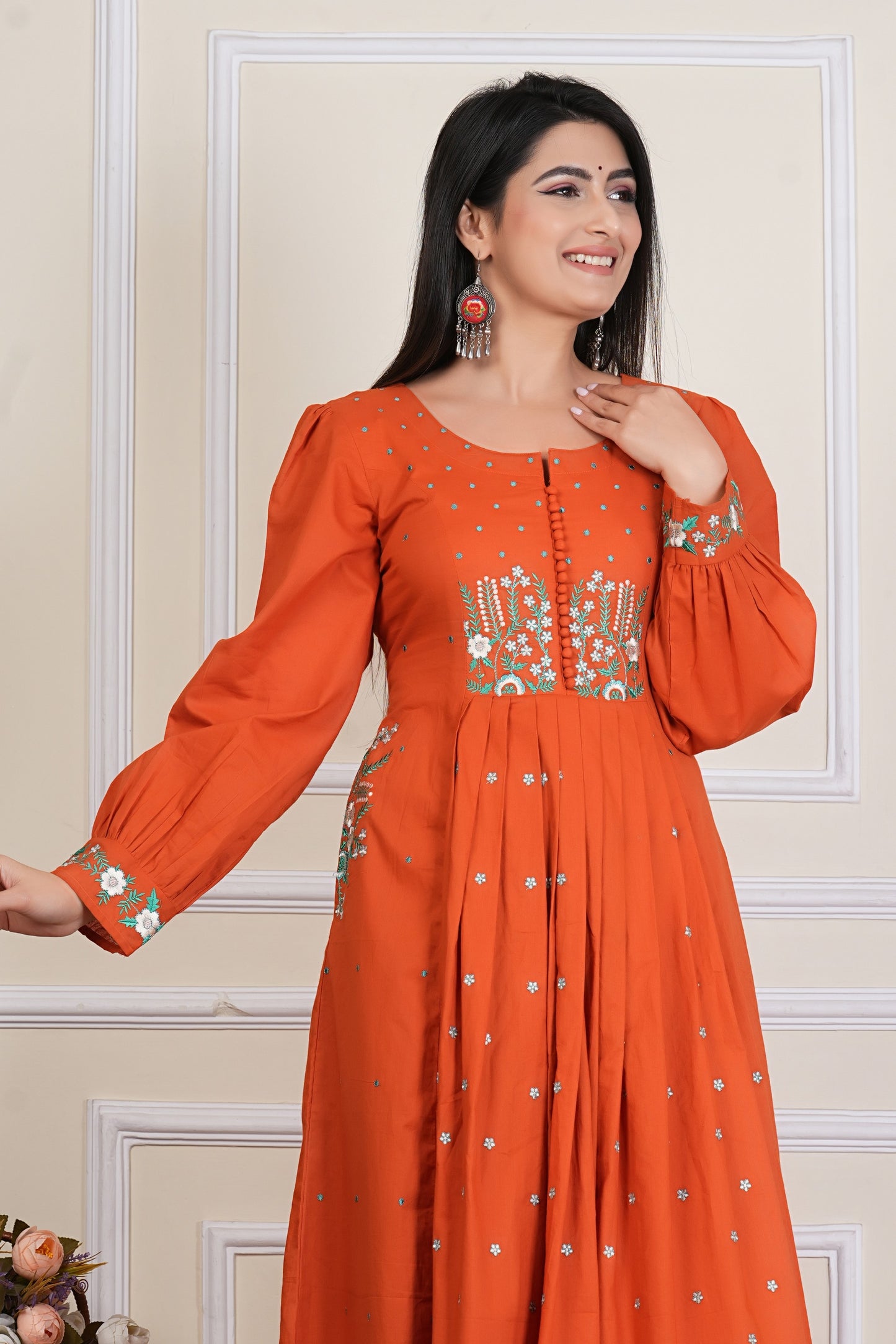 Tavajju | Rust Orange Embroidere Anarkali Kurta for Women