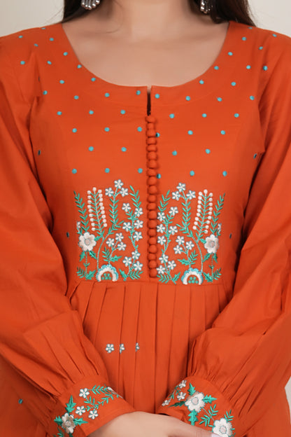 Tavajju | Rust Orange Embroidere Anarkali Kurta for Women