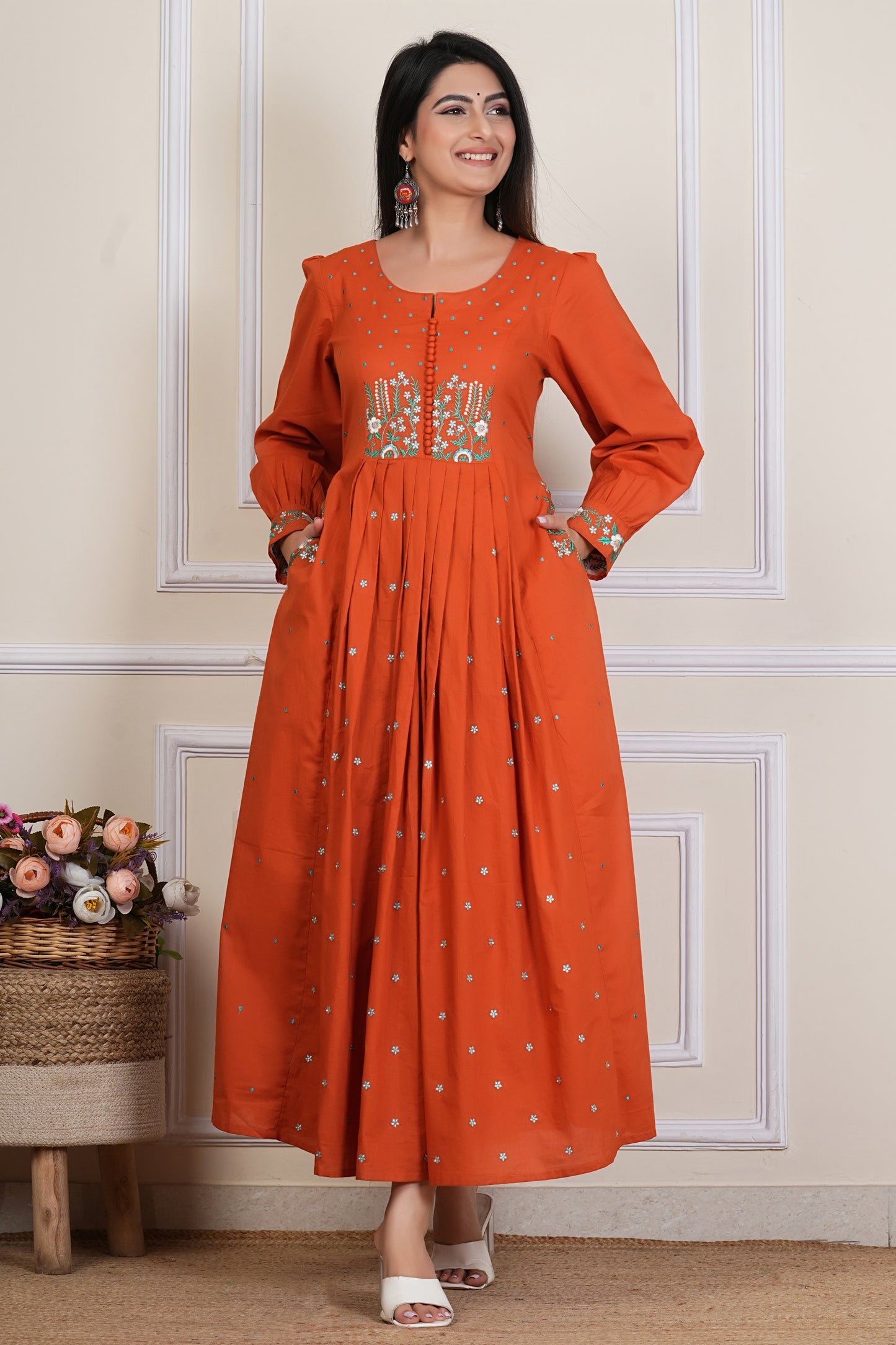 Tavajju | Rust Orange Embroidere Anarkali Kurta for Women